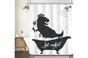 Ufeela Funny Dinosaur Shower Curtain 60Wx72L Inch Kids Cartoon Dino Trex Raptor Silhouette Shadow Lovely Shower Curtain Bathroom Set Bubbles Black White Bath Curtain Bathtub Accessories Home Decor
