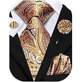 Hi-Tie Mens Tie Set Silk Striped Woven Necktie with Lapel Pin Pocket Square Cufflinks Set for Wedding Party