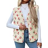 Cicy Bell Womens Fuzzy Fleece Vest Fall Floral Sleeveless Sherpa Jacket Lightweight Button Down Warm Outerwear with Pockets