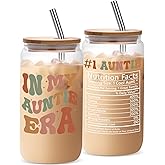 JOSTTER Aunt Glass Cup Gifts - Auntie Birthday Gift Ideas Iced Coffee Cup 16 oz, Christmas & Mother's Day Gifts for New Auntie Best Aunt Ever from Niece Nephew