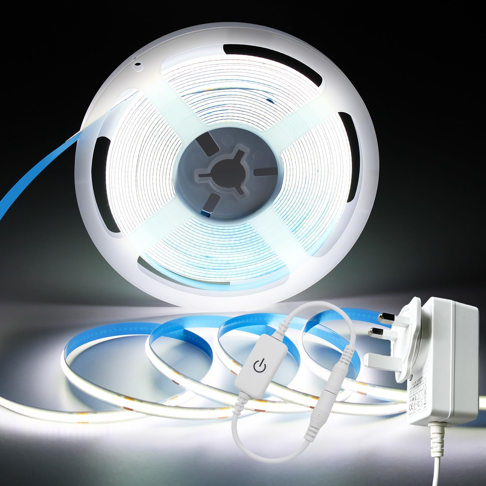 ShineBurky 10M COB LED Strip Lights, White 6000K Super Bright Tape Lights with Plug, 24V Dimmable CRI93+ Uniform Dotless Flexible Light Kit for TV Backlight Bedroom Cabinet Kitchen Mirror Hotels Decor