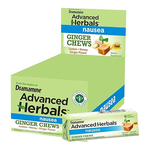 From the Makers of Dramamine, Advanced Herbals, Ginger Chews, Nausea Relief Soft Chews Lemon-Honey-Ginger, 6 Count, 12 Pack