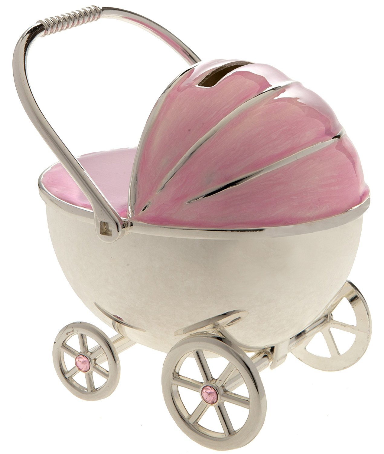 Christening Gift Silver Plated Pink Enamelled Pram Money Box