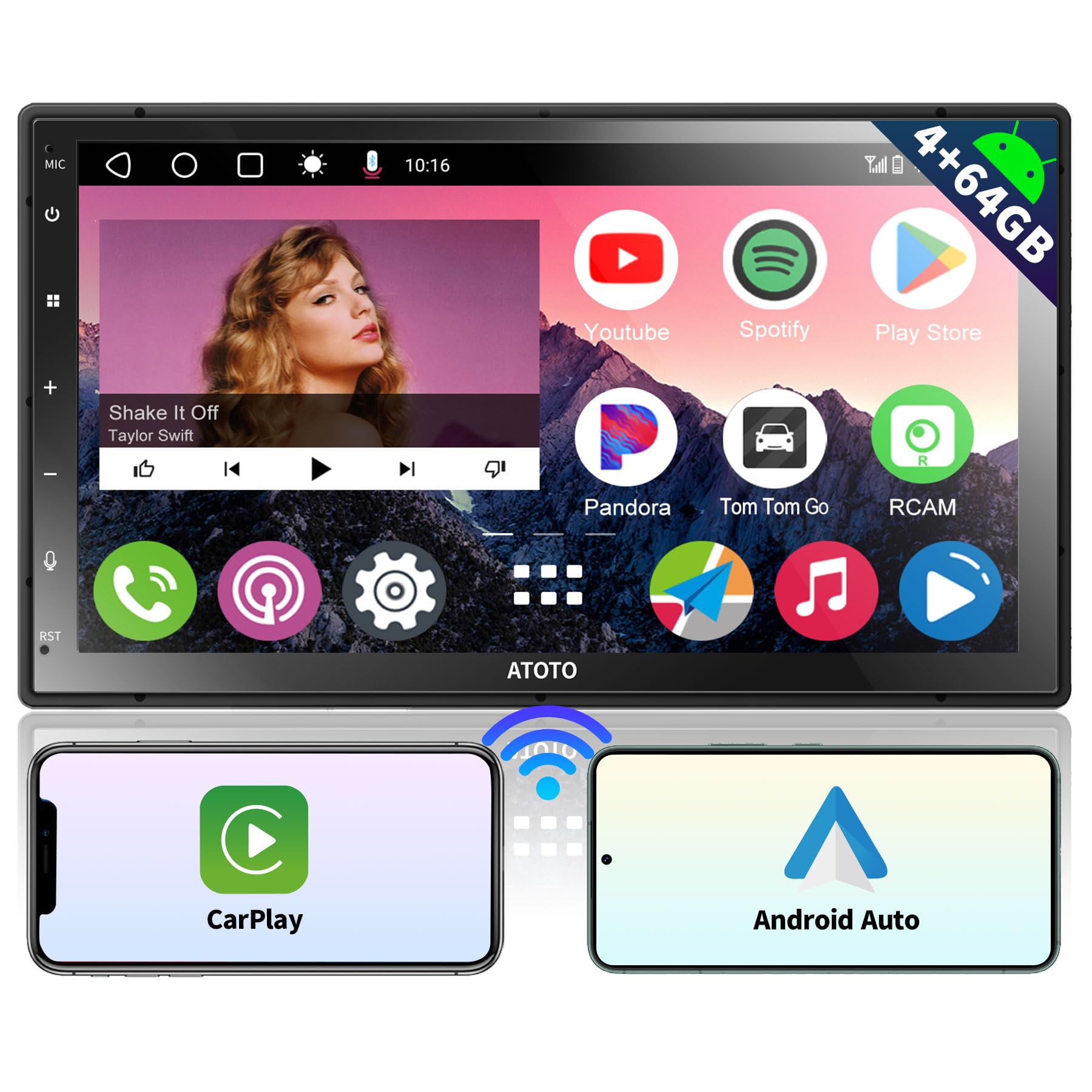 ATOTO A6 7inch Double DIN Android Car Stereo 1280 * 720 QLED Touchscreen, Wireless CarPlay & Wireless Android Auto, 4G+64G, Dual Bluetooth, MirrorLink, GPS Tracking, WiFi/BT/USB Tethering, A6G2C7PP