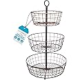 BIRDROCK HOME 3 Tier Wire Fruit Basket Bowl - Freestanding Multi-Functional Metal Storage Baskets, Vegetable, Garlic & Fruit Caddy Stand, Countertop Kitchen Stands - Rustic Farmhouse Style