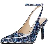 Soireelady Women's Slingback Heels Ankle Strap Pointed Toe Stilettos High Heel Beaded Pumps Dress Shoes 3.5 Inches