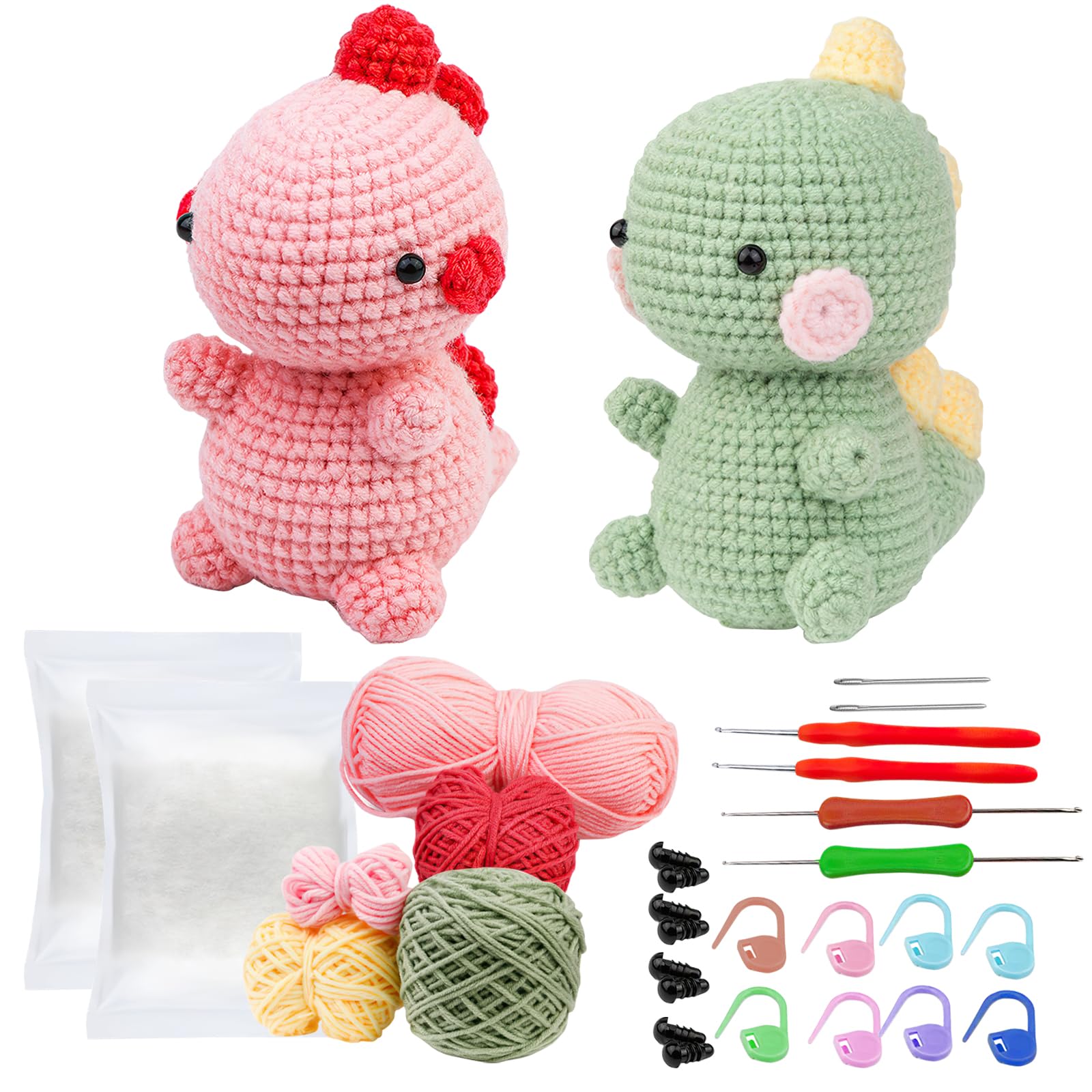 KRUCE 2 Pack Dinosaurs Crochet Kit for Beginners, Beginner Crochet Kit for Adults with Step-by-Step Video Tutorials, DIY Crochet Animal Kits Kids Knitting Supplies(Pink,Green)