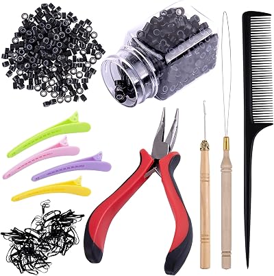 Duufin Hair Extensions Tools Kit 500 Pcs Black Micro Ring Beads Plier