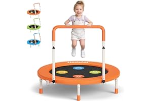 JOY SPOT! 3FT Toddler Trampoline with Adjustable Handlebar, 36" Foldable & Spring-Free, Mini Kids Indoor Outdoor Trampoline for Ages 1-6, Noiseless Jumping Mat, Safe & Sturdy Design, Supports Up to 100 lbs