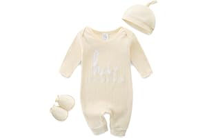 BIBIMOM Baby Romper with Baby Mittens & Newborn Hats Footless Long Sleeve Solid Onesie Hi Im New Here