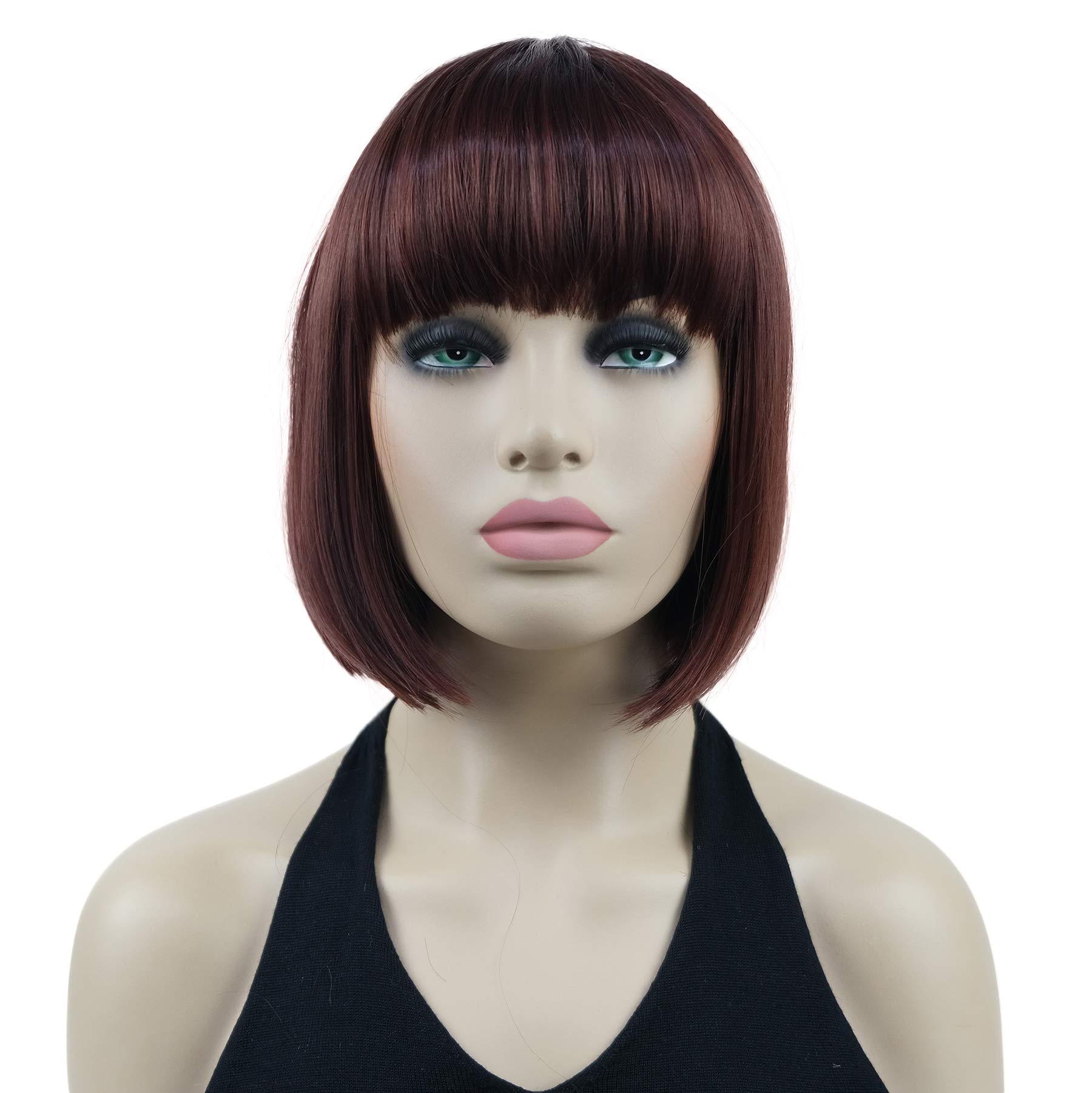 Lydell 8" Short Bob Hair Flat Bangs Cute Central Dot Skin Top Heat Resistant Synthetic Wigs (33A Dark Auburn)