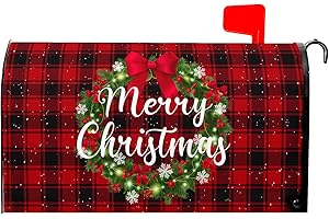 Kawani Merry Christmas Mailbox Cover - Magnetic Standard Size 21x18 Inch Winter Christmas Wreath Red Black Buffalo Plaid Xmas Holiday Wrap for Garden Yard Decor