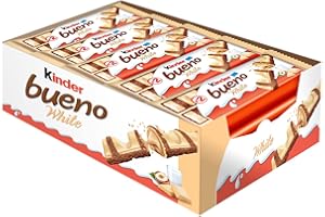 KINDER BUENO White Chocolate and Hazelnut Cream Candy Bars, 20 Packs, 2 Individually Wrapped Bars Per Pack (20 x 39g)