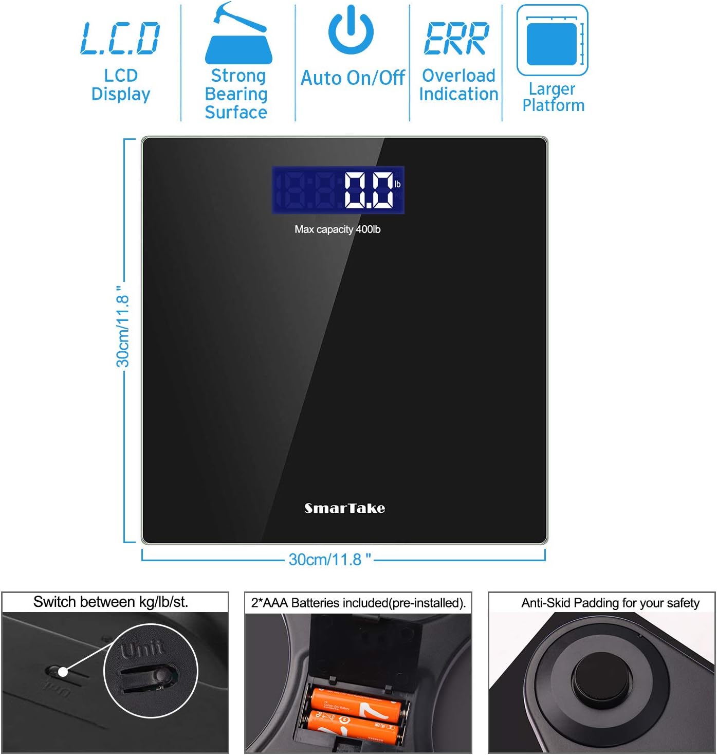 Weight Scale, SmarTake Precision Digital Body Bathroom Scale with Step-On Technology, 6mm Tempered Glass Easy Read Backlit LCD Display, Body Tape Measure Included, 400 Pounds, Black: Health & Personal Care