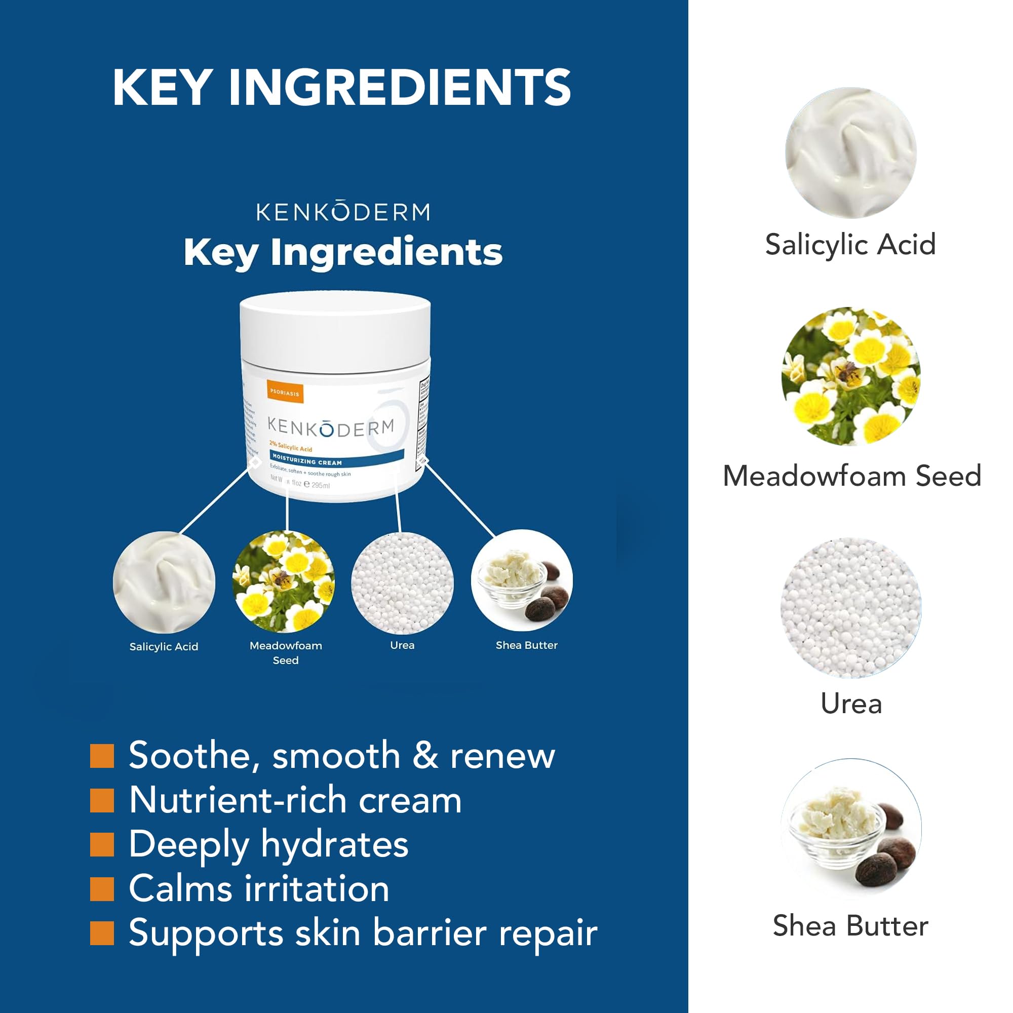 Kenkoderm Psoriasis Cream - Natural Moisturizing Face & Body Lotion with 2 Percent Salicylic Acid - Renewing Topical Formula for Dry & Sensitive Skin, Fragrance & Color Free, 10 oz., 1 Jar