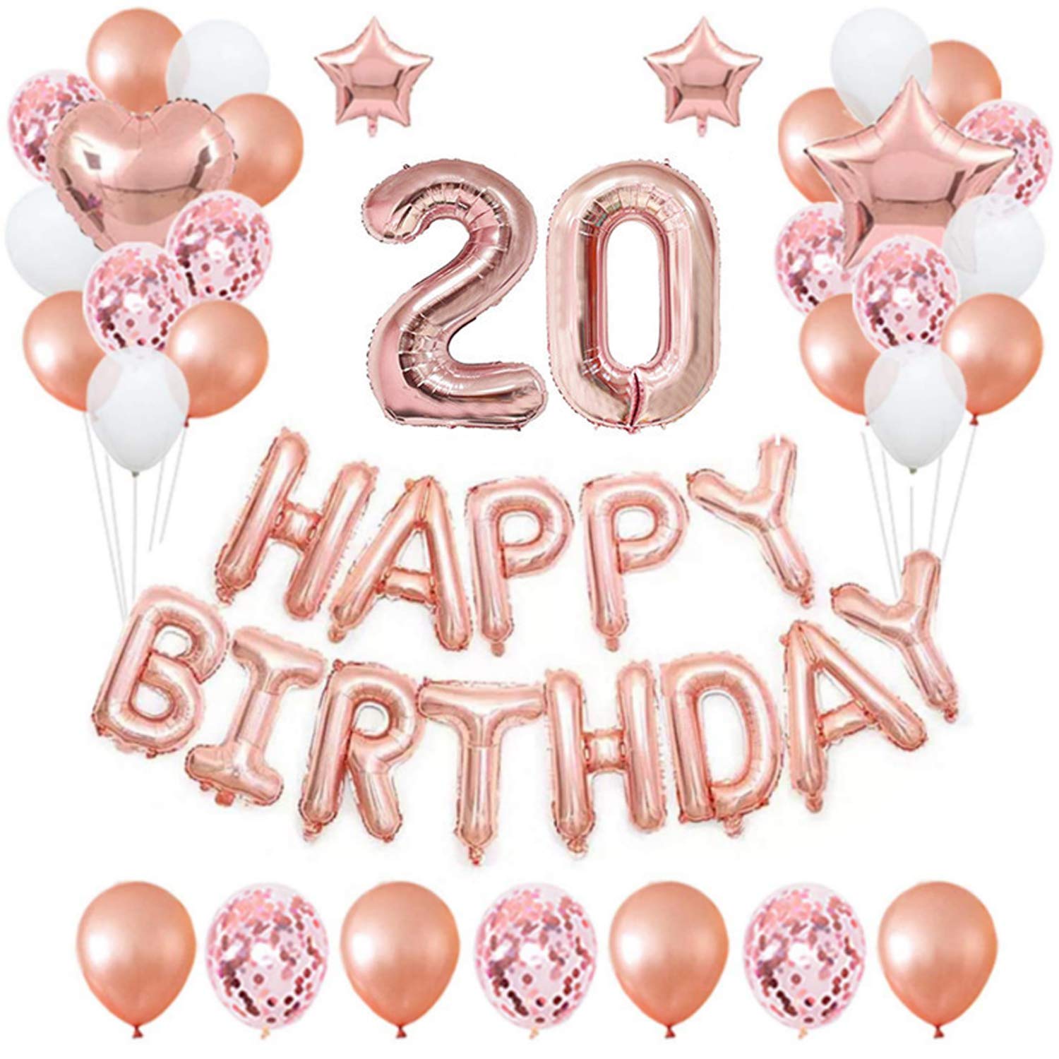 20th Rose Gold Birthday Party Decorations Pack 48PCS Banner Happy Birthday Decorations for Girls Women Party Supplies Happy Birthday Star Heart Rose Gold Foil Balloons Latex Balloons