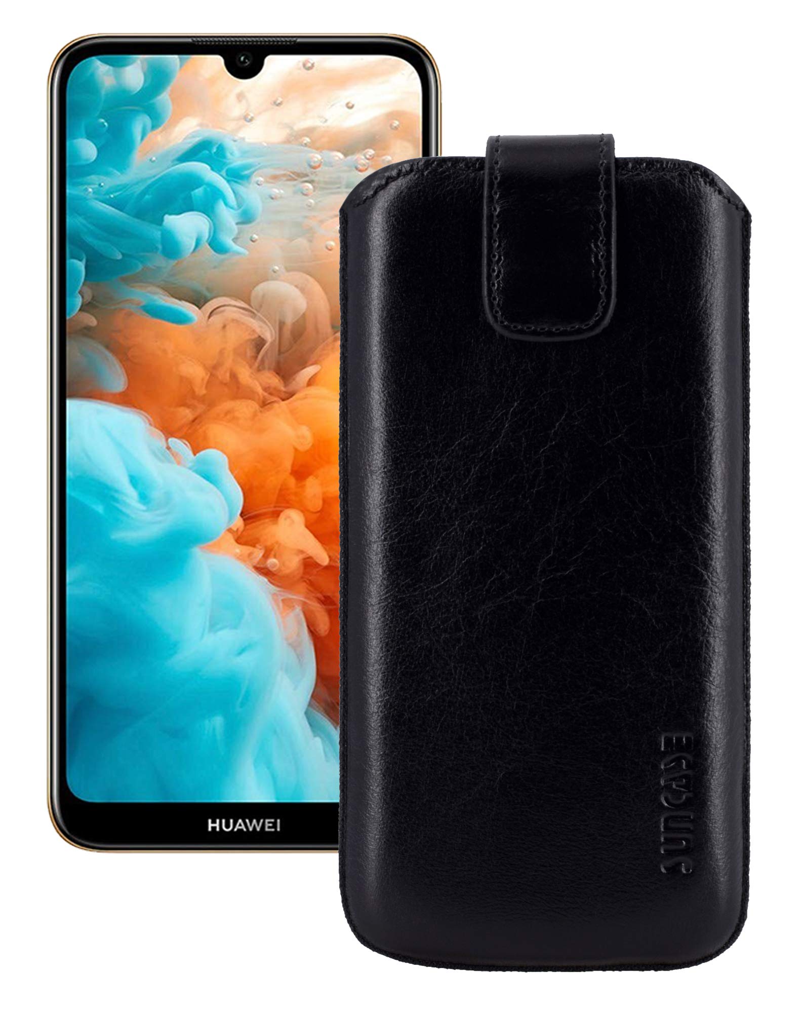 Suncase Mobile Phone Case Compatible with Huawei Y5 (2019) with Additional Case/Shell/Bumper/Silicone with Pull Tab Function/Leather Protective Case/Cover/Includes TPU