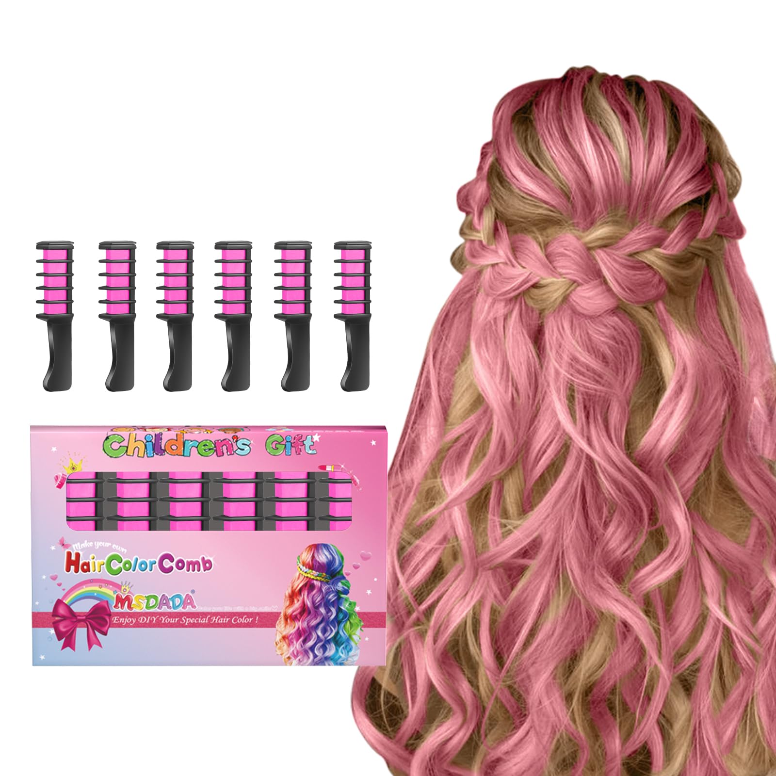 Photo 1 of MSDADA New Hair Chalk Comb Temporary Hair Color Dye for Girls Kids with Light Color Hair, Washable Hair Chalk for Girls Age 4 5 6 7 8 9 10 Birthday Cosplay DIY, Easter Stocking Suffer (Pink)