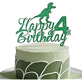Dinosaur 4th Birthday Cake Topper - Green Glitter Happy 4 Years Old Cake Decoration for Boys and Children, Roaring animal Theme Birthday Party Supplies