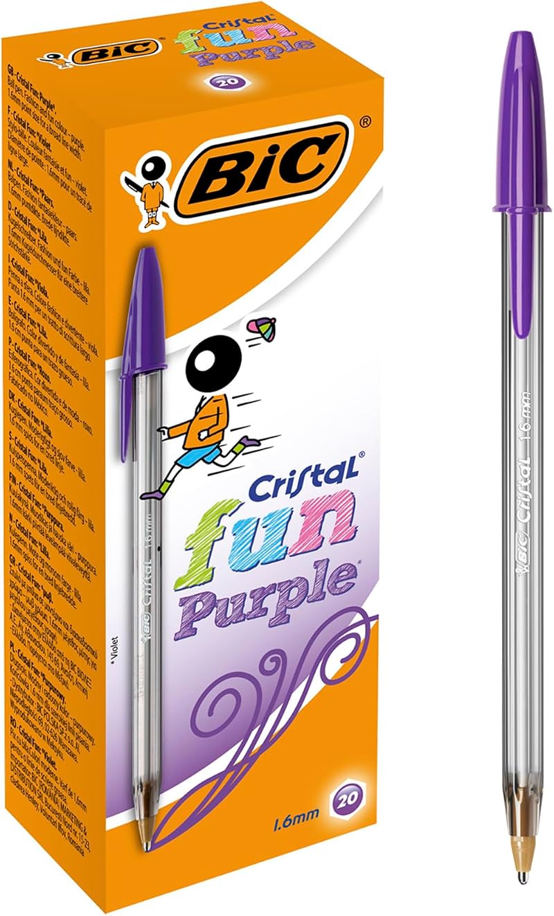 BIC Cristal Fun 1.6mm Purple Pens Pack of 20 Biros Wide Point
