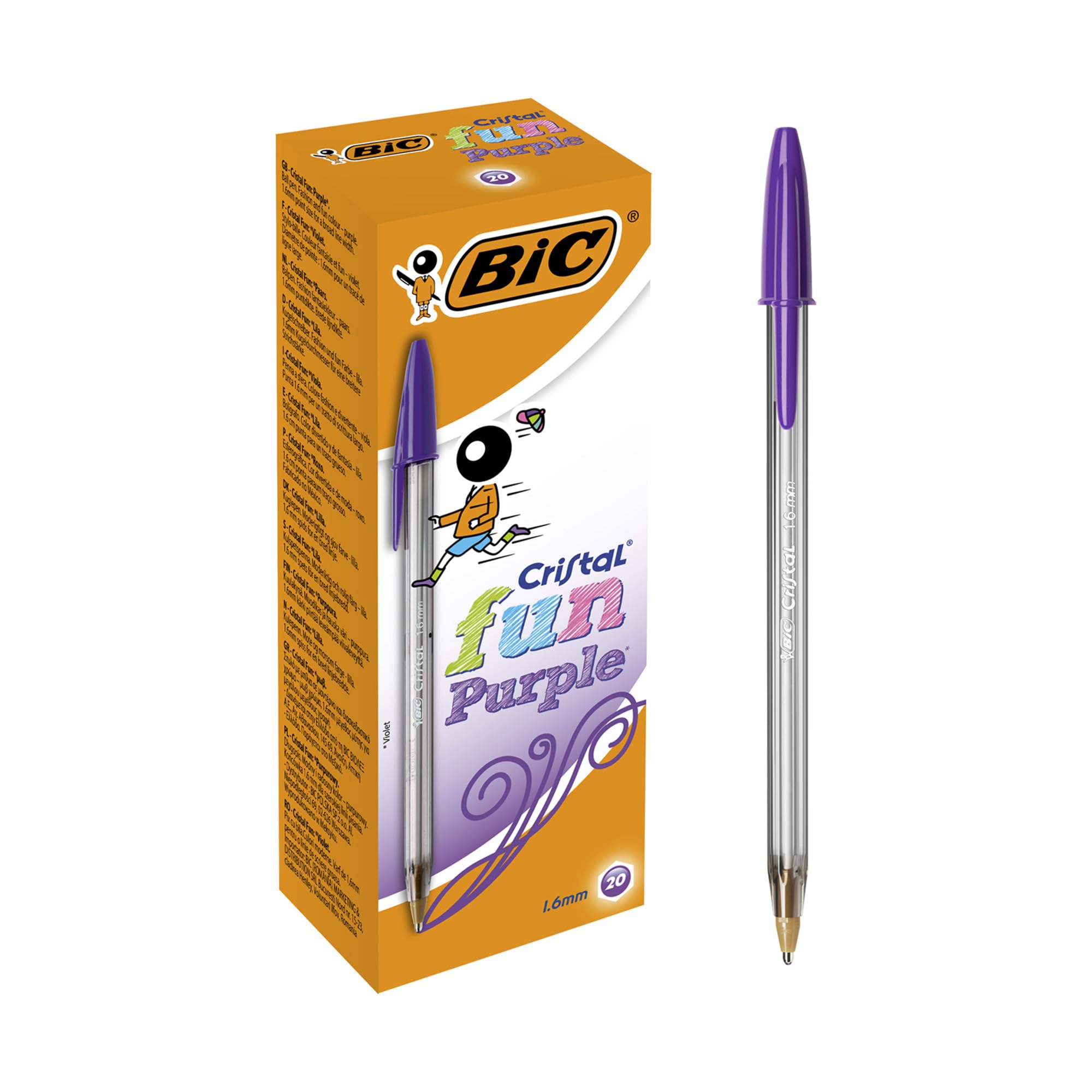 BIC Cristal Fun 1.6mm Purple Pens - Wide Point Ballpoint Biros Pens - Pack of 20 Biros