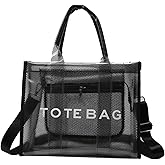 WREWING Clear Tote Bag for Women, Large Mesh Beach Bag, PVC Clear Crossbody Bags with Zipper, Stadium Bag for Travel Sports