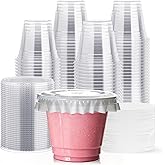 JOLLY CHEF 200 Sets 9 oz Clear Plastic Cups with Flat Lids, and Paper Lid Liners, 9 Ounce Plastic Cups with Flat Lids for Parfait, Snacks, Fruit, Pudding