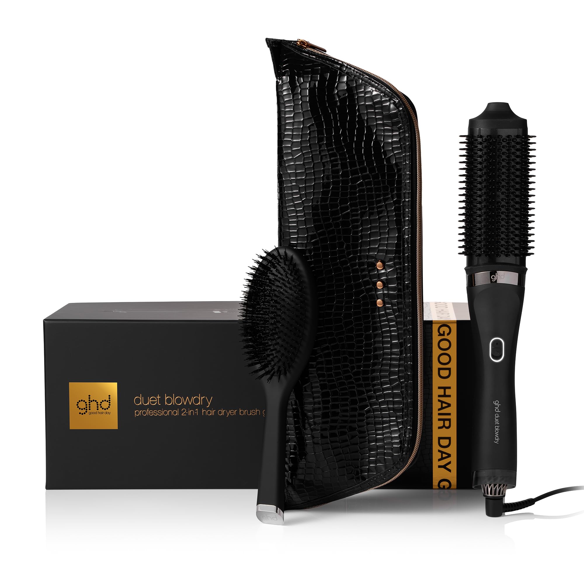Photo 1 of ghd Duet Blowdry Hair Dryer Brush Gift Set, 2-in-1 Professional Styling Tool, No Heat Damage, Black, Includes Oval Dressing Brush, Heat-Resistant Bag and Mat, Cleaning Brush