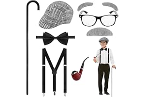 Runpon Old Man Wig for Kids, 100 Days of School Costume Boys, 8 Pcs Pretend to be Grandpa Classic Beret Hat with Mustache, Cane, Glasses Etc. 100th Day of School Dress Up Accessories, Cosplay for Men