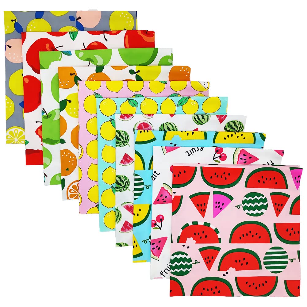 QiMicody Fat Quarters Fabric Bundles, 10 Pcs 100% Cotton 19.69” x 19.69” (50cmx50cm) Precut Quilting Fabric Squares Sheets for DIY Patchwork Sewing Quilting Crafting, No Repeat Design (Fruit Pattern)