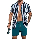 EISHOPEER Men's Flower Shirt Hawaiian Sets Casual Button Down Short Sleeve Shirt and Solid Quick Dry Beach Shorts S-3XL