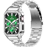 HASLFM Stainless Steel Band with Case Compatible with Apple Watch Series 9 8 7(45mm), Metal Protective Bumper Cover for iWatch Bands Men,Silver