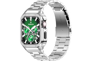 AMZNEW HASLFM Stainless Steel Band with Case Compatible with Apple Watch Series 9 8 7(41mm), 6 5 4 SE3/2/1(40mm), Series 3 2 1(38mm), Metal Protective Bumper Cover for iWatch Bands Men,Silver