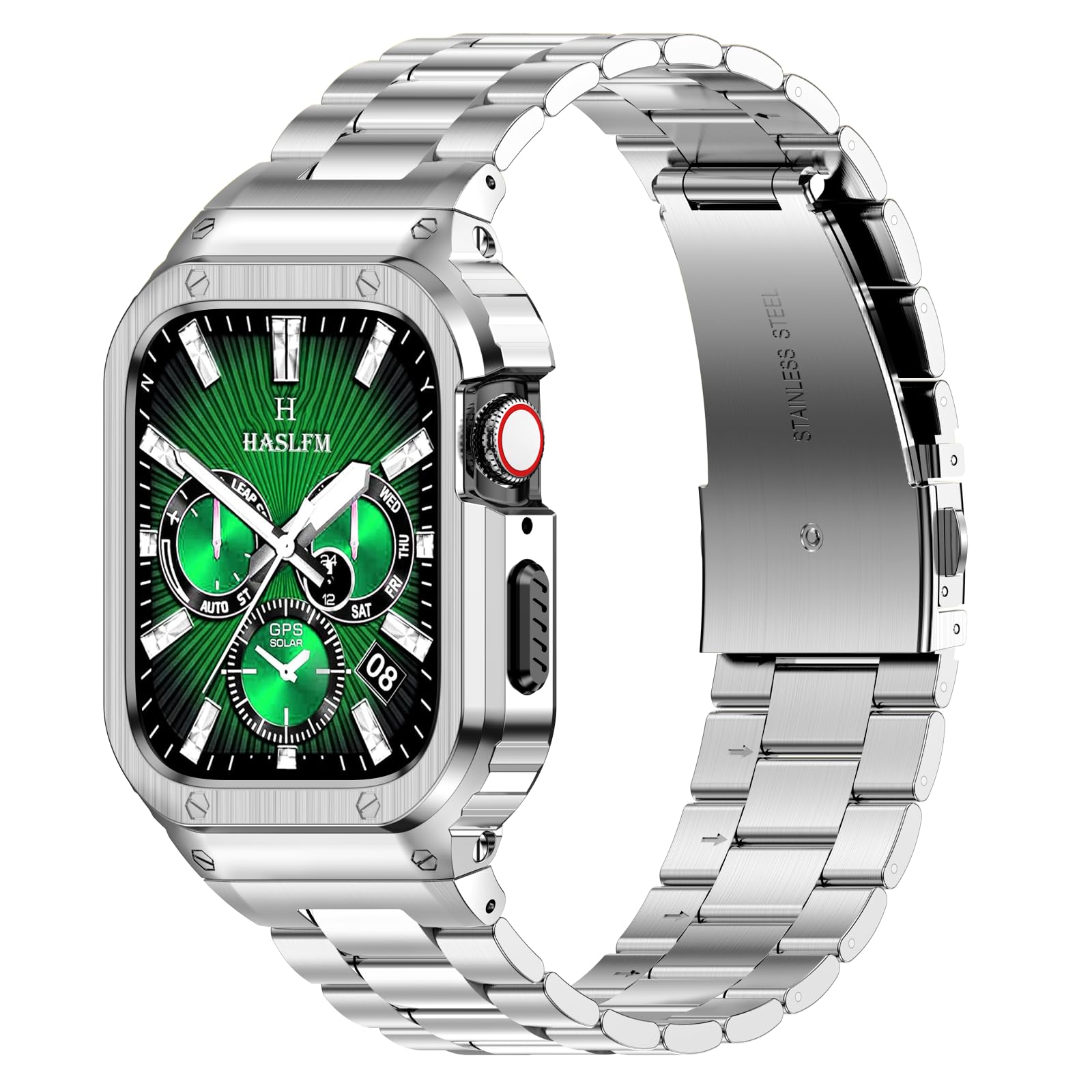 HASLFM Stainless Steel Straps with Case Compatible with Apple Watch Series 9/8/7/SE/6/5/4/3/2/1(41mm/40mm/38mm), Rugged Metal iWatch Band and Protective Cover for Men, Silver