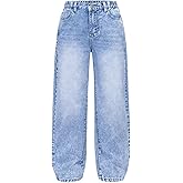 SHENHE Girl's Wide Leg Jeans Casual Elastic Waist Loose Jeans Denim Pants with Pockets