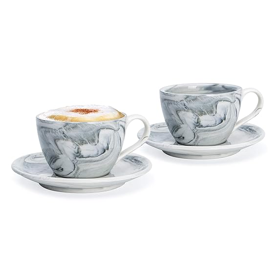 Hausmann & Söhne Cappuccino Tassen dickwandig | Set 4-TLG. | 2er Set Schwarze Marmor Tassen mit Untertasse | Porzellan | Tass