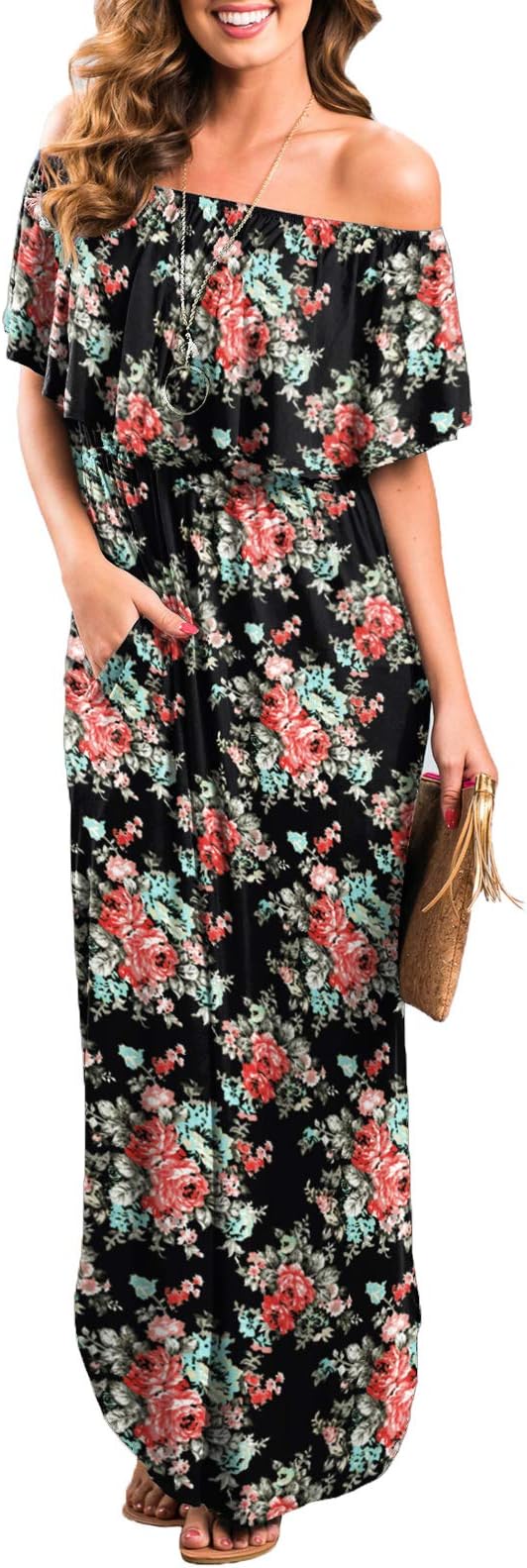 Womens Off The Shoulder Ruffle Party Dresses Side Split Beach Maxi Dress