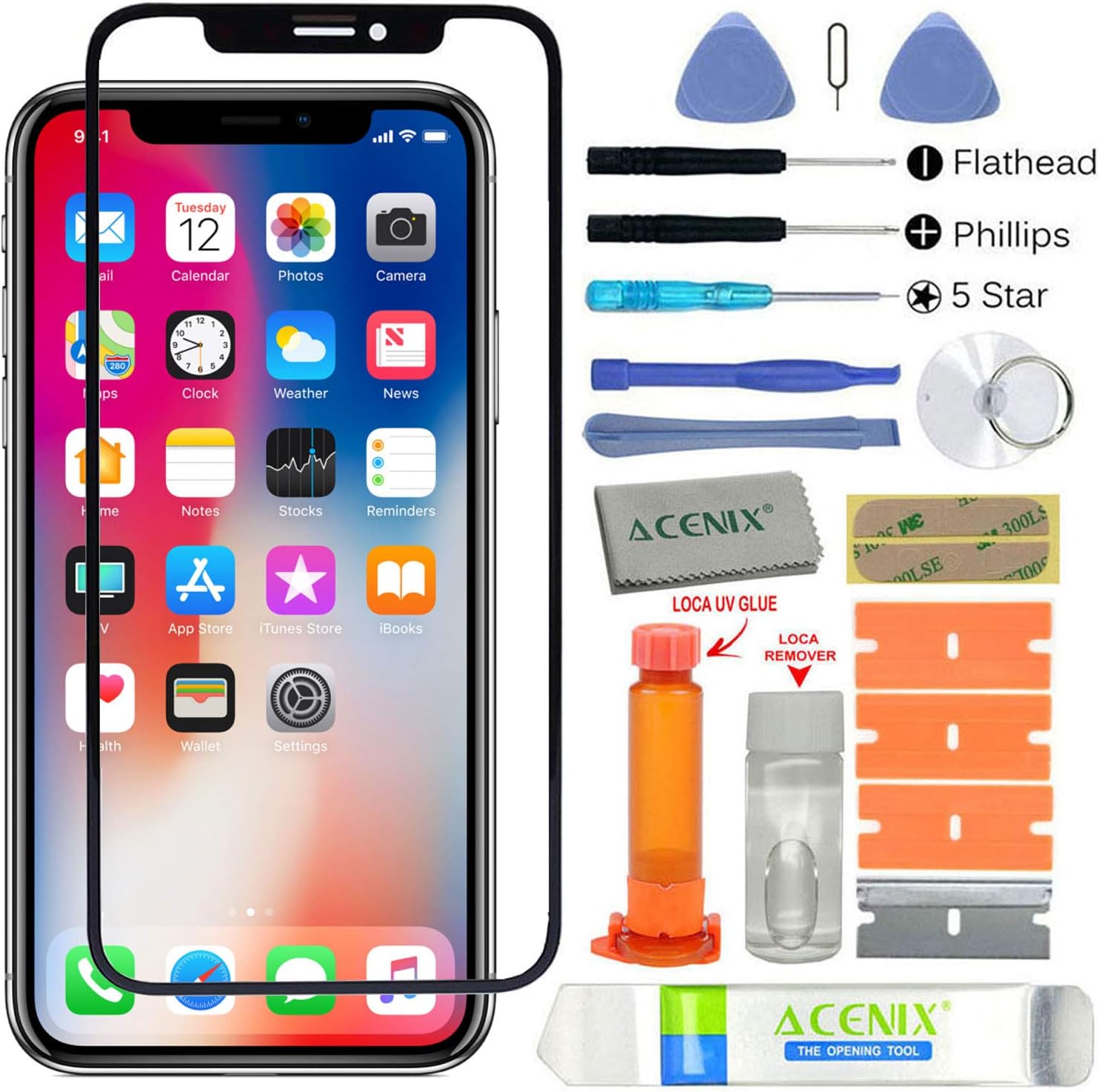 ebuyerfix® Black Touch Screen Front Glass Lens Replacement Repair Kit with Loca Glue & Loca Remover for iPhone X 5.8'' with 19 Pieces Replacement Kits