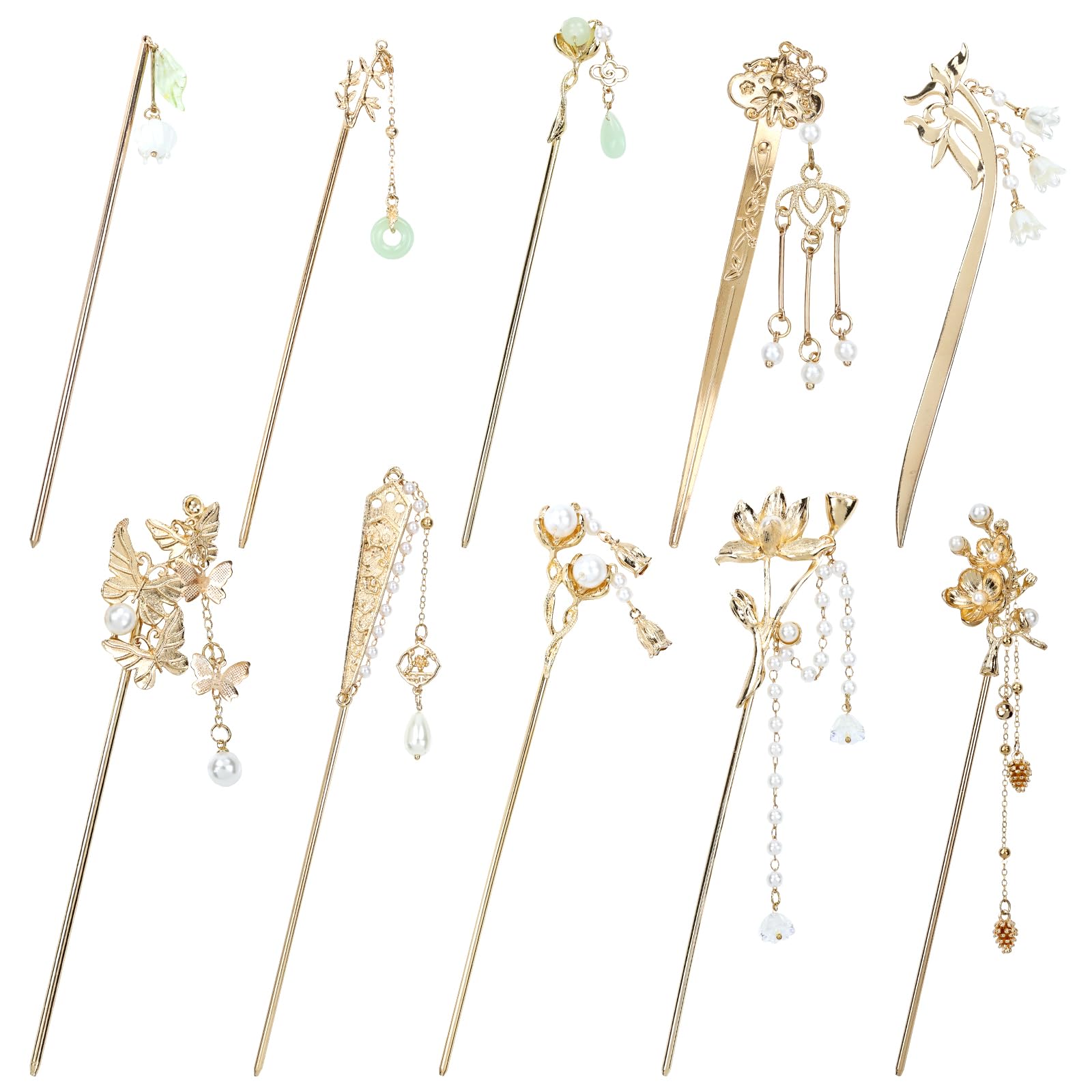 View 1 of ***MISSING PARTS***
Lawie 10 Pack Retro Gold Metal Long Hair Sticks Pins with Pearl Jade Dangles Tassels Pendants Chinese Hanfu Asian Flower Butterfly Hair Chopsticks Hair Picks Bun Forks Holders Hairpins for Women Girls