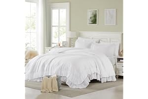 Cupocupa White Queen Comforter Set, 3Pcs Ruffle Comforters Queen/Full Size Farmhouse Bedding Sets with Comforter, Lightweight Fluffy Soft Shabby Chic Bedding Comforter Sets