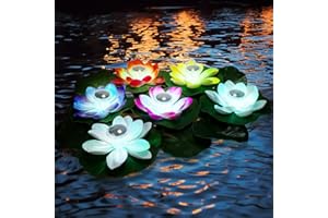 VIHOSE 6 Pcs Solar Floating Pond Lights Waterproof Solar Lotus Floating LED with 10 Pcs Lily Pads Swimming Pool Pond Flower Night Lights for Patio Garden Pool Outdoor Party Decorations