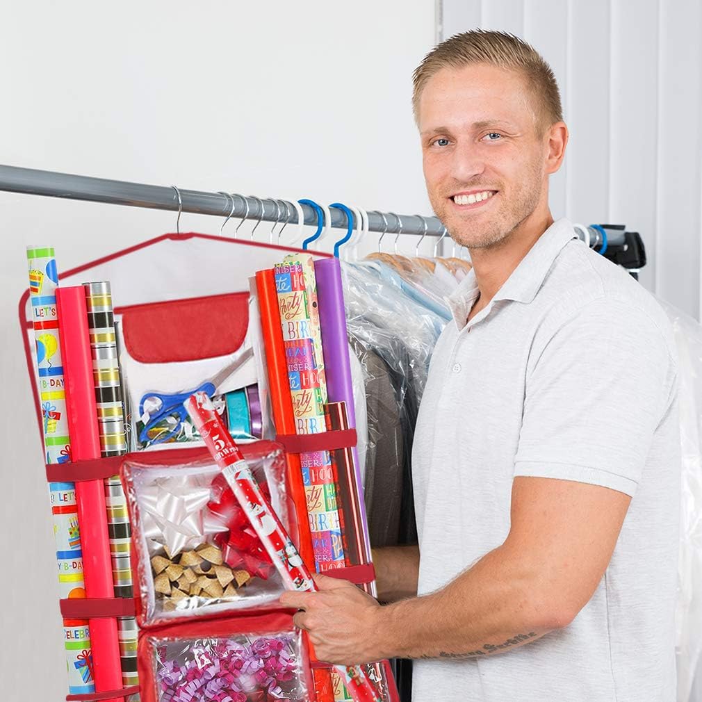 ProPik Hanging Double Sided Wrapping Paper Storage Organizer With Multiple Pockets Organize Your Gift Wrap, Gift Bags Bows Ribbons 40"X17" Fits 40 Inch Rolls Clear PVC Bag (Red): Home & Kitchen