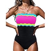 popvil One Piece Swimsuits for Women Tummy Control Strapless Bathing Suits 2026 Neon Bandeau Swimwear