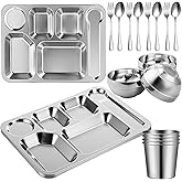 Potchen 20 Pcs Stainless Steel Plates Bowls Cups Spoons Forks 304 Stainless Steel Dinnerware Set Divided Plates Dinner Tray for Home Kitchen Restaurant(6 Compartment)