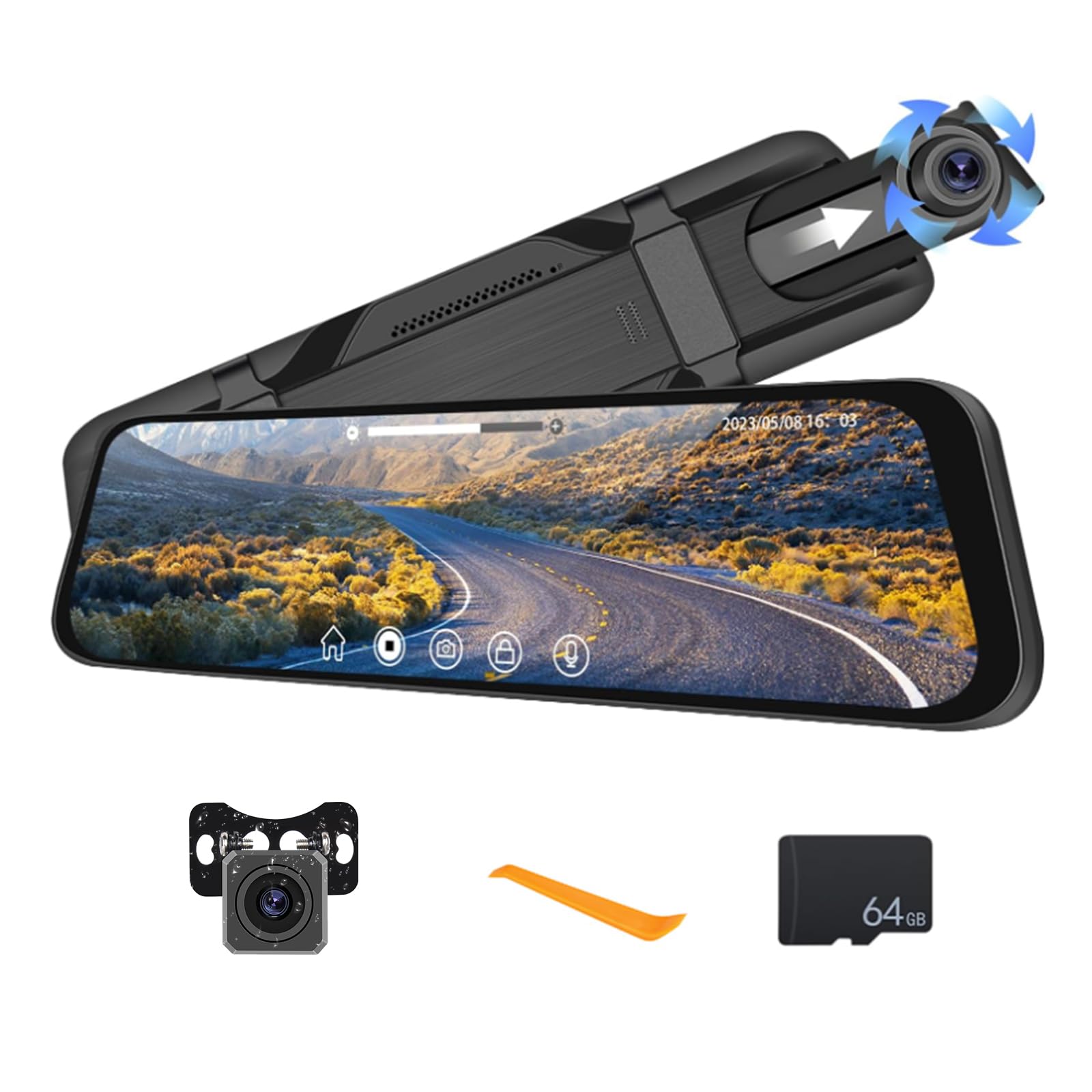 Photo 1 of CAMECHO 9.66" Mirror Dash Cam Rear View Mirror Camera Front and Rear 1080P Backup Camera with 64GB Card, Touch Screen Dual Front and Rear Camera/Night Vision/G-Sensor/Parking Monitor/Loop Recording