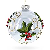 Holly Leaves and Gold Swirls Glass Ball Christmas Ornament
