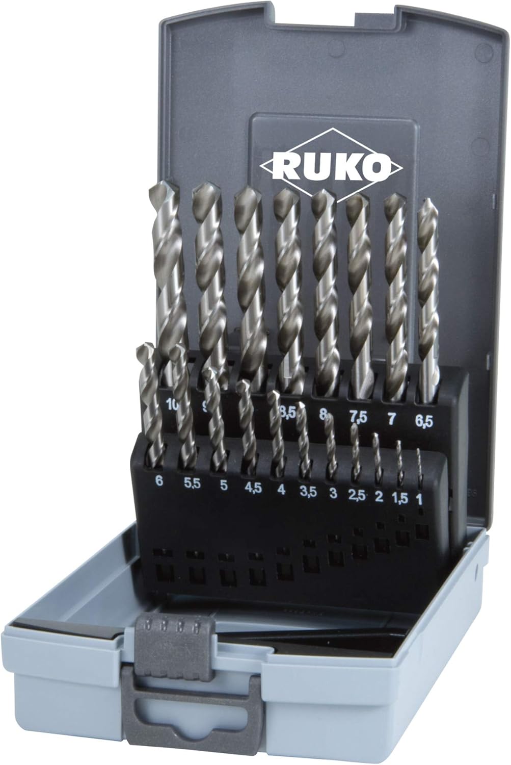 RUKO HSS-G Twist Drill Bit Set in Plastic Case, DIN 338, Type N, Bright Finish, 19 Pieces, R214214RO, multi-coloured