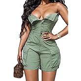 LKOUS Women's Sexy Denim Short Jumpsuit,Summer Cargo Casual Sleeveless Slim Fit Off Shoulder Rompers with Pockets