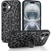 Jefonha Compatible with iPhone 16 Case with Finger Hand Strap Kickstand, Trendy Cool Leopard Cheetah Print Phone Case for Women Men, Full Camera Protection Shockproof Protective Cover, Black