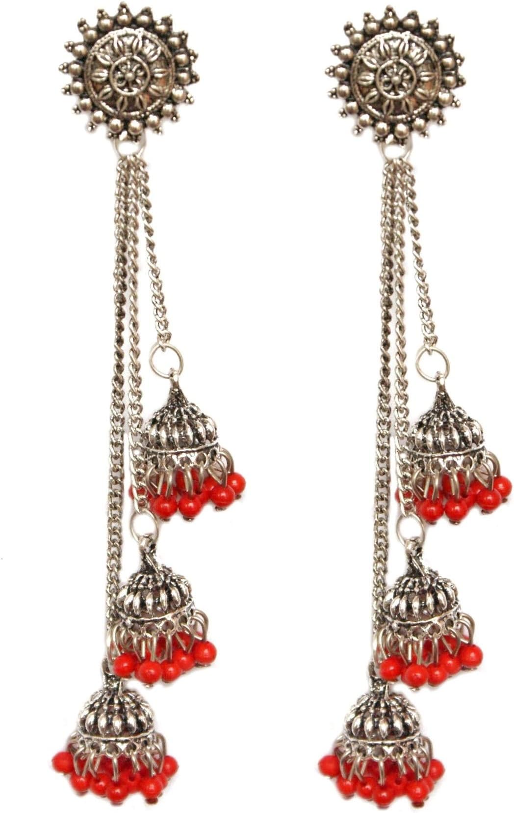 Pahal Traditional Layered Faux Pearl 3 Layer Bahubali Long Silver Jhumka Earrings Indian Chain Bollywood Wedding Jewelry for Women